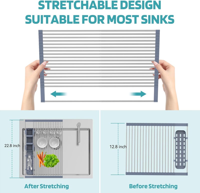 BBXTYLY Extra Large Expandable Roll Up Dish Drying Rack Up to 22.8''with 2 Storage Baskets,Over The Sink Kitchen Rolling up Dish Drainer Dish Drying Rack in Sink, Foldable,Rollable,for Kitchen Dishes,Fruits - Image 5